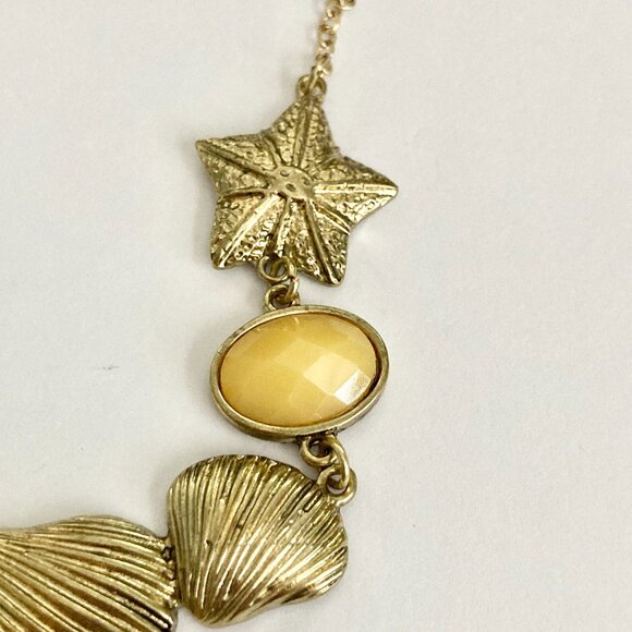 Gold Sea Shell Starfish Bib Necklace Plated Sea Life Island Nautical Beach 20" - Picture 10 of 14